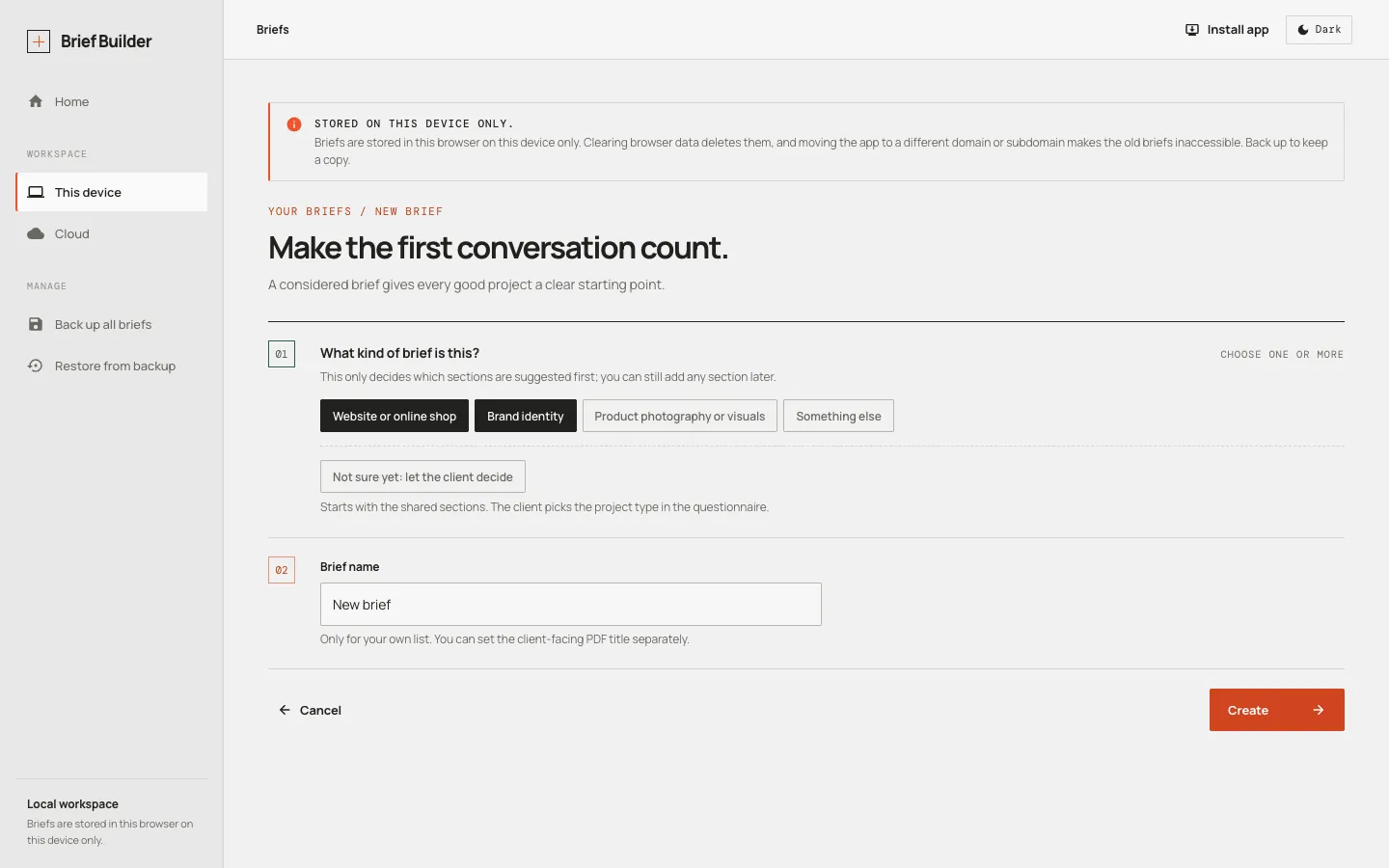 Starting a new brief: choosing one or more project types, or Not sure yet.