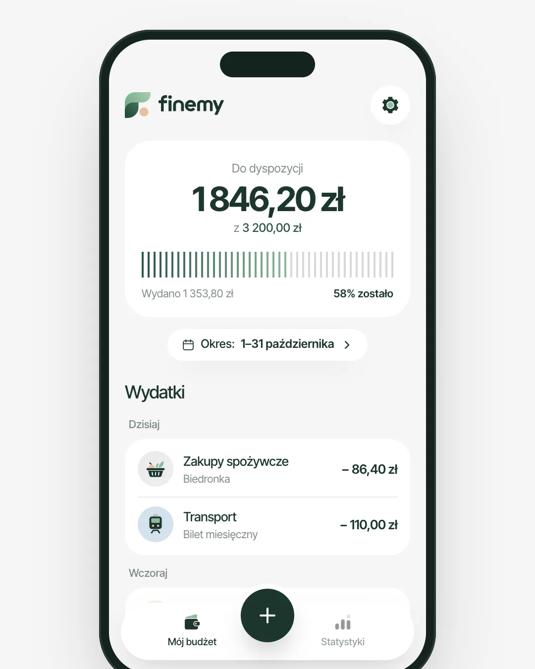Finemy’s main screen on a phone: 1,846.20 zł available of 3,200.00 zł, a spending bar showing 58% left, the period 1–31 October, and today’s expenses for groceries and transport.